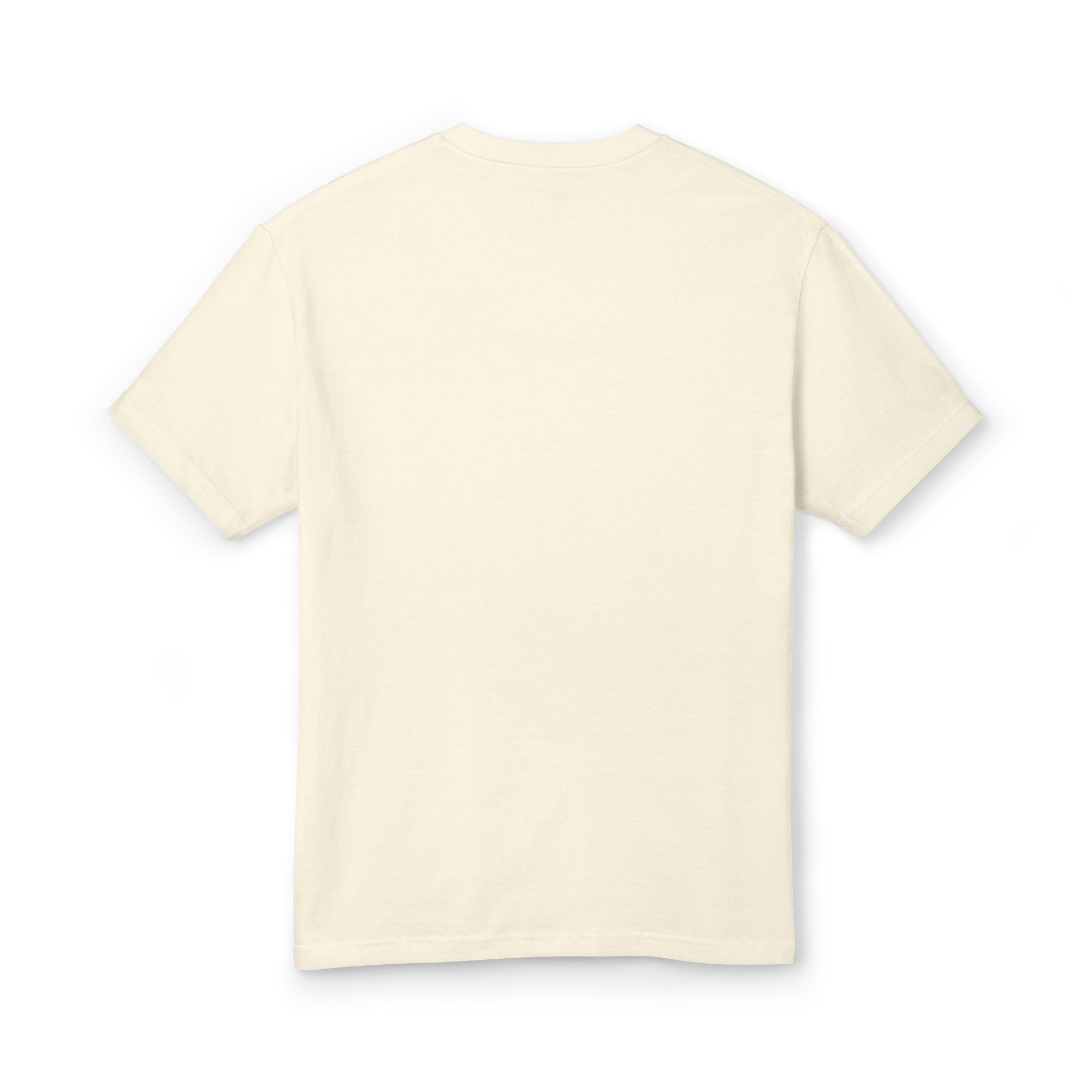 Back of the Amor Budget tee in faded cream, unprinted, showing the relaxed cut and wide rib collar.