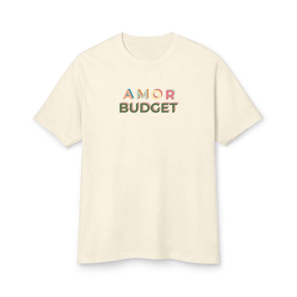 Front of the Amor Budget tee in faded cream, printed at center chest with the Amor Budget wordmark in stacked, overlapping letters in blue, teal, coral, peach and olive.