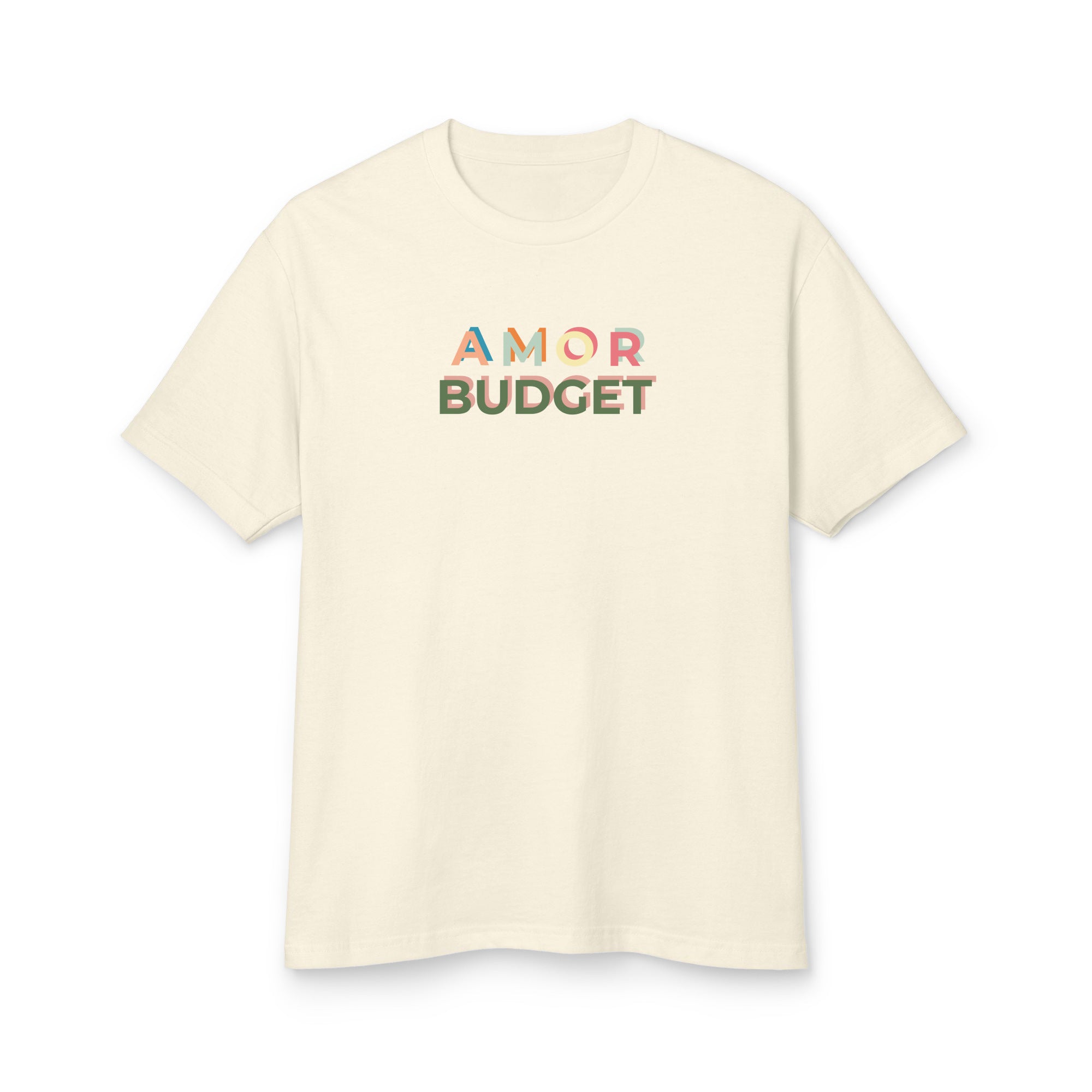 Front of the Amor Budget tee in faded cream, printed at center chest with the Amor Budget wordmark in stacked, overlapping letters in blue, teal, coral, peach and olive.