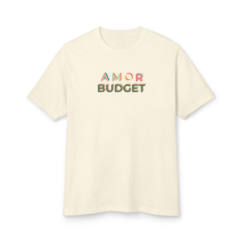 Front of the Amor Budget tee in faded cream, printed at center chest with the Amor Budget wordmark in stacked, overlapping letters in blue, teal, coral, peach and olive.