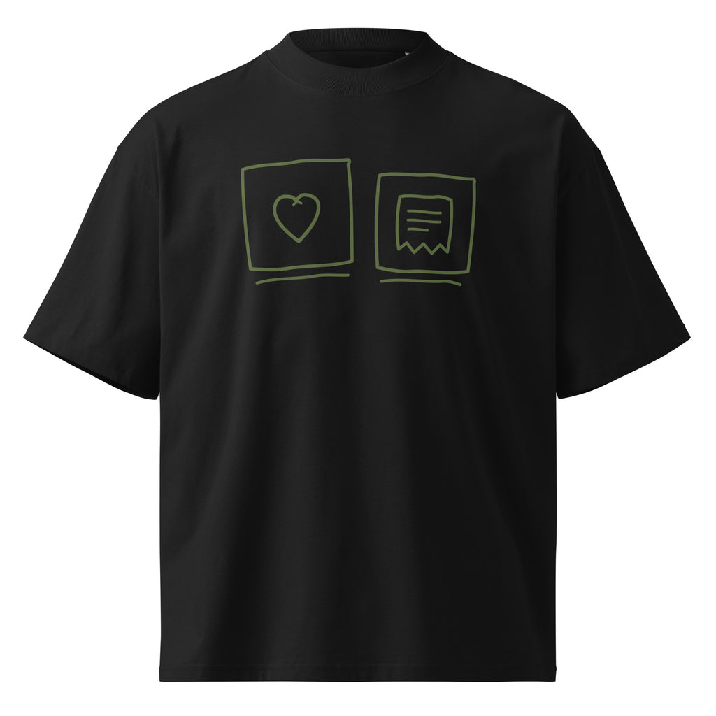 Front of the Amor Budget Heart & Receipt oversized tee in black, printed at the chest with two olive outlined squares, one holding a heart and one holding a receipt with a torn lower edge.
