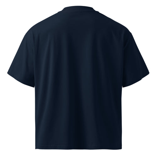 Back of the Amor Budget I'm Due oversized tee in French navy, unprinted, showing the boxy oversized cut and ribbed high neck.