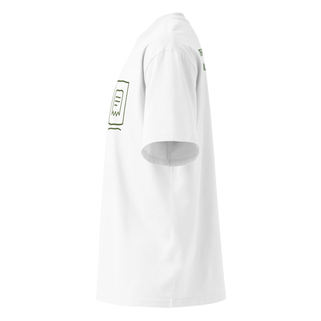 Left side view of the Amor Budget Heart & Receipt oversized tee in white, showing the boxy cut, drop shoulder and ribbed high neck.