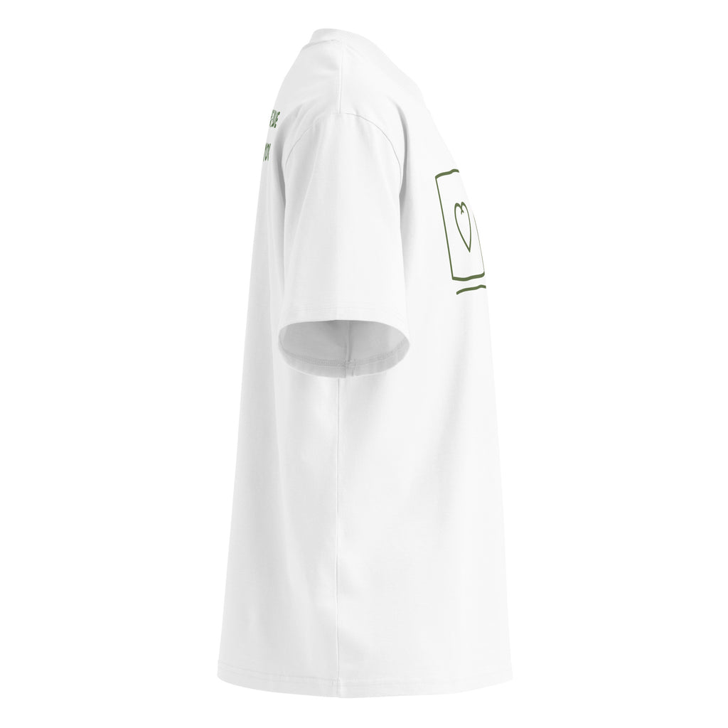 Right side view of the Amor Budget Heart & Receipt oversized tee in white, showing the boxy cut, drop shoulder and ribbed high neck.